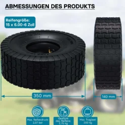 Wiltec Reifen für den Aufsitzmäher 15x6.00-6 4pr mit Schlauch und Winkelventil Komplettrad Rasentraktor