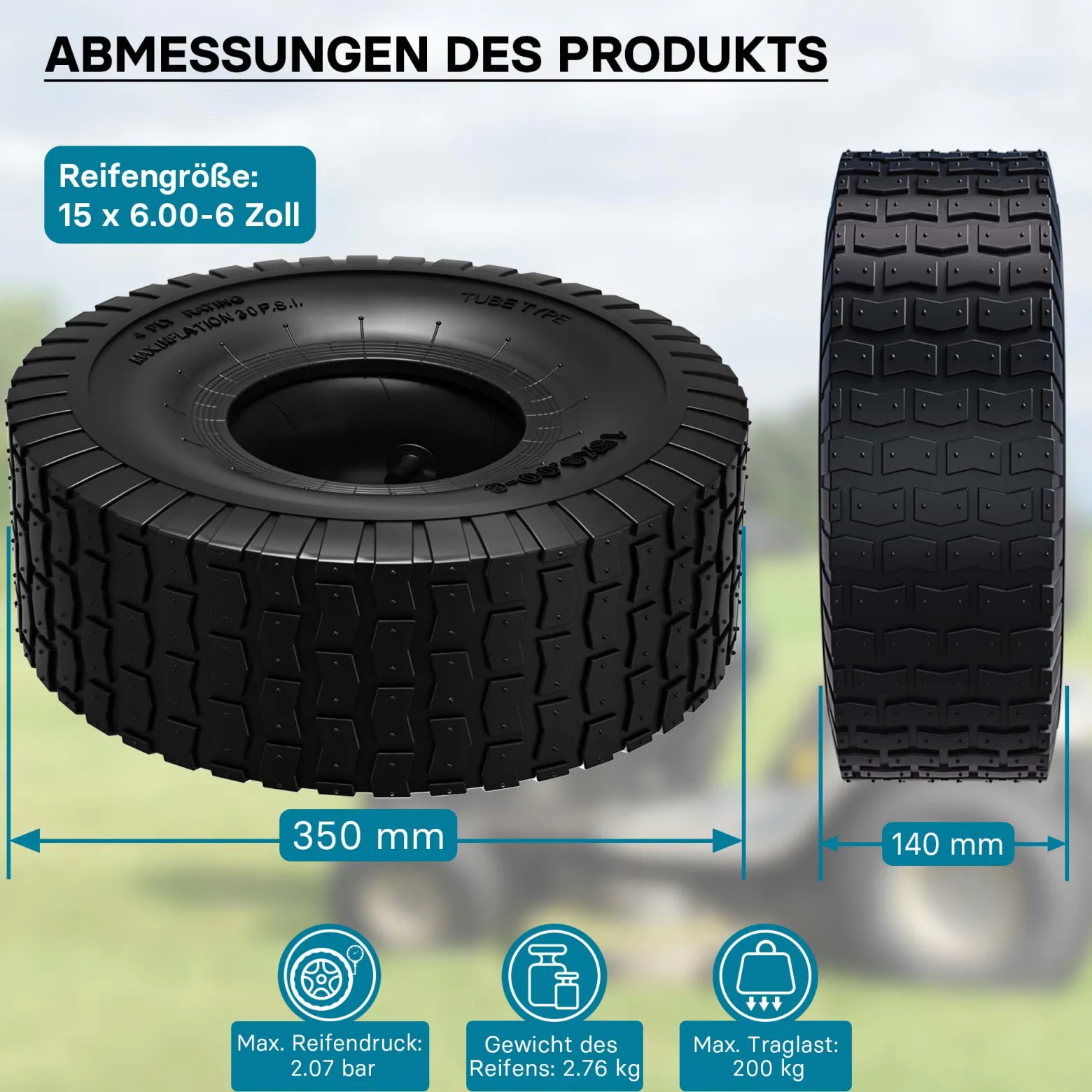 Wiltec Reifen für den Aufsitzmäher 15x6.00-6 4pr mit Schlauch und geradem Ventil Komplettrad Rasentraktor