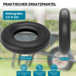 Wiltec Reifenmantel 3.50-8 350 x 100 mm, 130 kg für Schubkarrenreifen, Schubkarre Rad Reifen, Mantel Luftrad