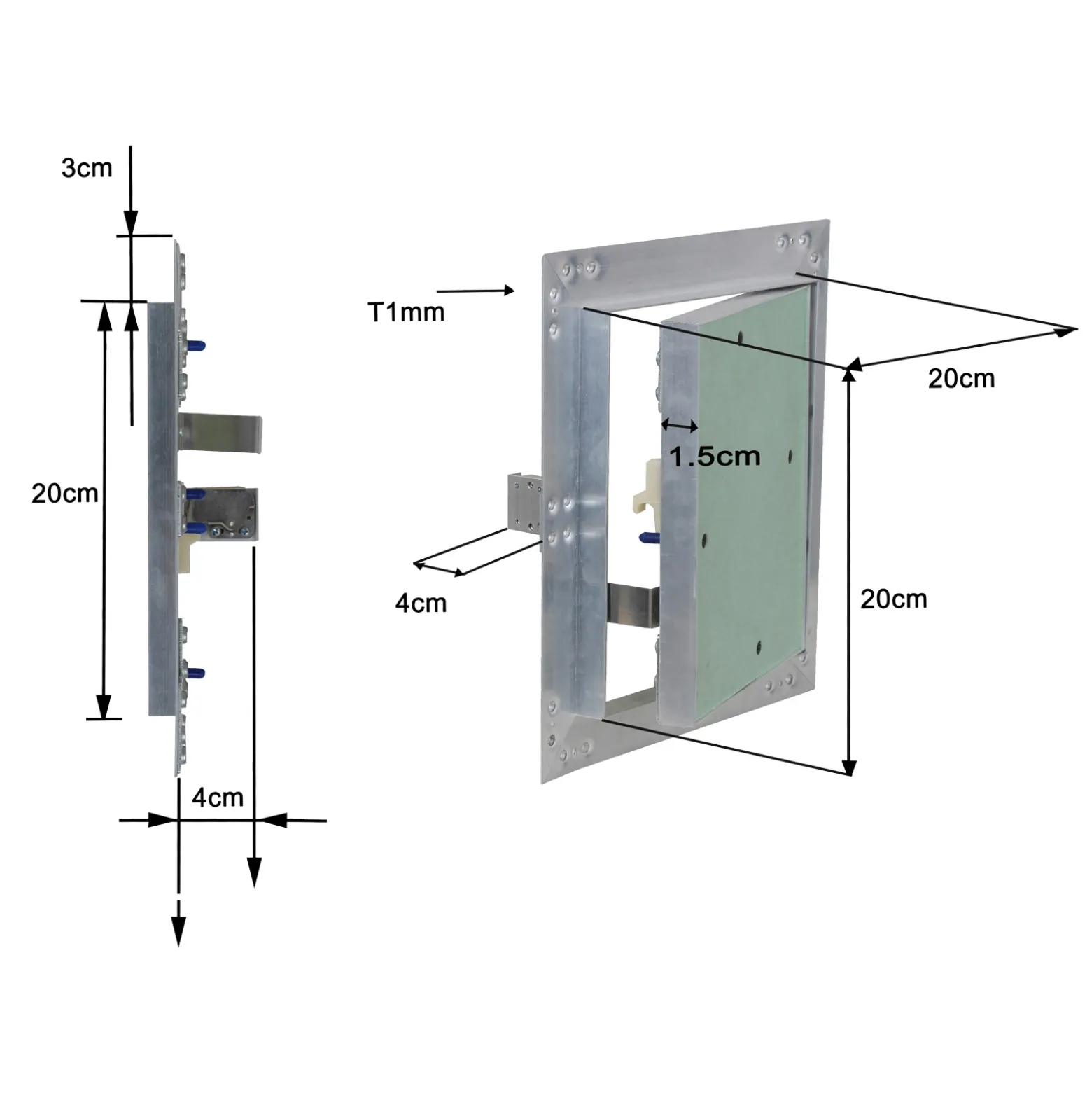 Wiltec Revisionsklappe 20 x 20 cm Revisionstür mit Aluminiumrahmen, Revisionsöffnung mit 12,5 mm Gipskartoneinlage, Revi Klappe für Trockenbau