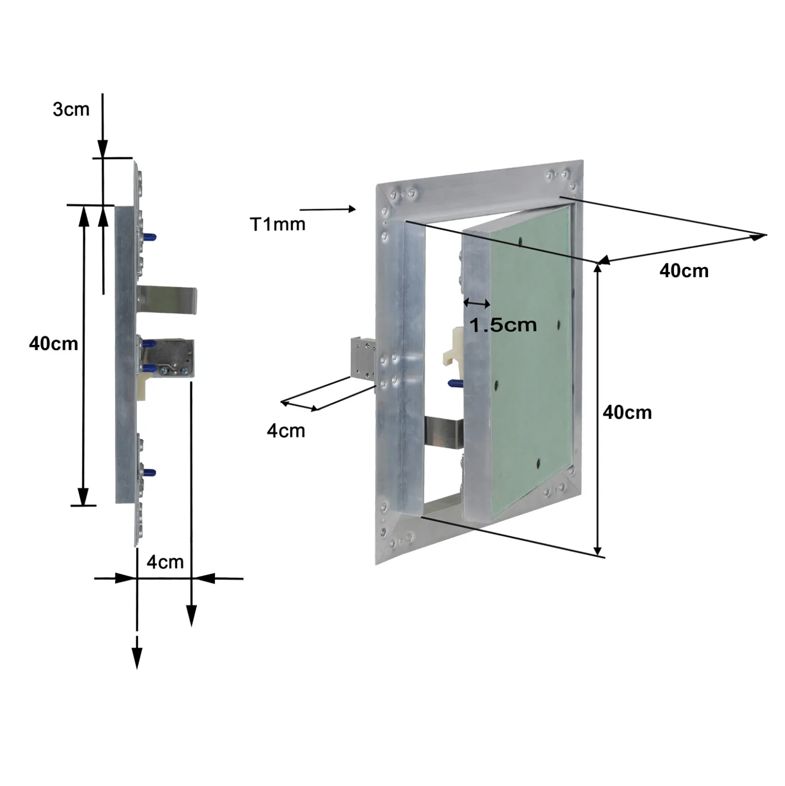 Wiltec Revisionsklappe 40 x 40 cm Revisionstür mit Aluminiumrahmen, Revisionsöffnung mit 12,5 mm Gipskartoneinlage, Revi Klappe für Trockenbau