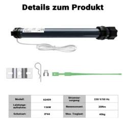 Wiltec Rollladenmotor 156W 20 Nm mit mechanischem Endabschalter & Schutzart IP44 SW60, Motor für elektrische Rollladen
