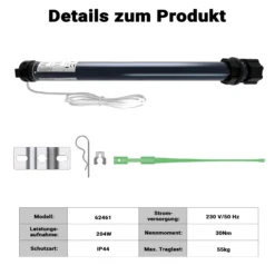 Wiltec Rollladenmotor 204 W 30 Nm mit mechanischem Endabschalter & Schutzart IP44 SW60, Motor für elektrische Rollladen