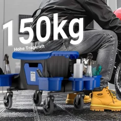 Wiltec Rollsitz bis 150 kg, Werkstatthocker mit Rollen, Rollhocker mit Werkzeugablage und Halterungen, Werkstattstuhl mit versteckter Schublade, Montagehocker mit Rädern