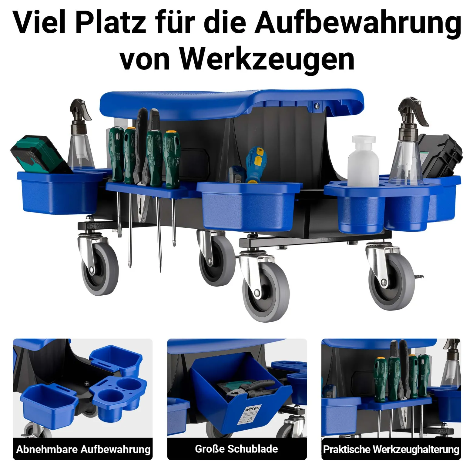 Wiltec Rollsitz bis 150 kg, Werkstatthocker mit Rollen, Rollhocker mit Werkzeugablage und Halterungen, Werkstattstuhl mit versteckter Schublade, Montagehocker mit Rädern