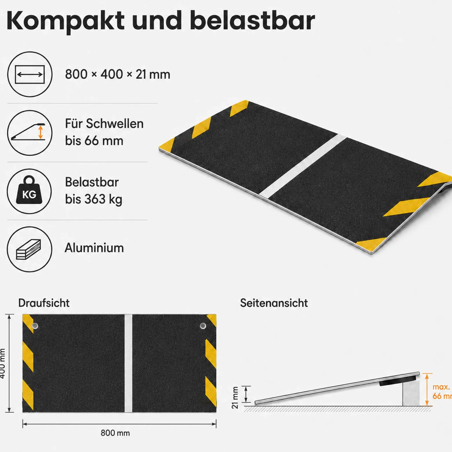 Wiltec Rollstuhlrampe Alu 800 x 400 x 21 mm, Türschwellenrampe bis 66 mm Stufenhöhe und 363 kg Traglast, rutschfeste Bordsteinrampe für Rollstuhl und Rollator
