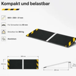 Wiltec Rollstuhlrampe Alu 800 x 250 x 21 mm, Türschwellenrampe bis 40 mm Stufenhöhe und 363 kg Traglast, rutschfeste Bordsteinrampe für Rollstuhl und Rollator