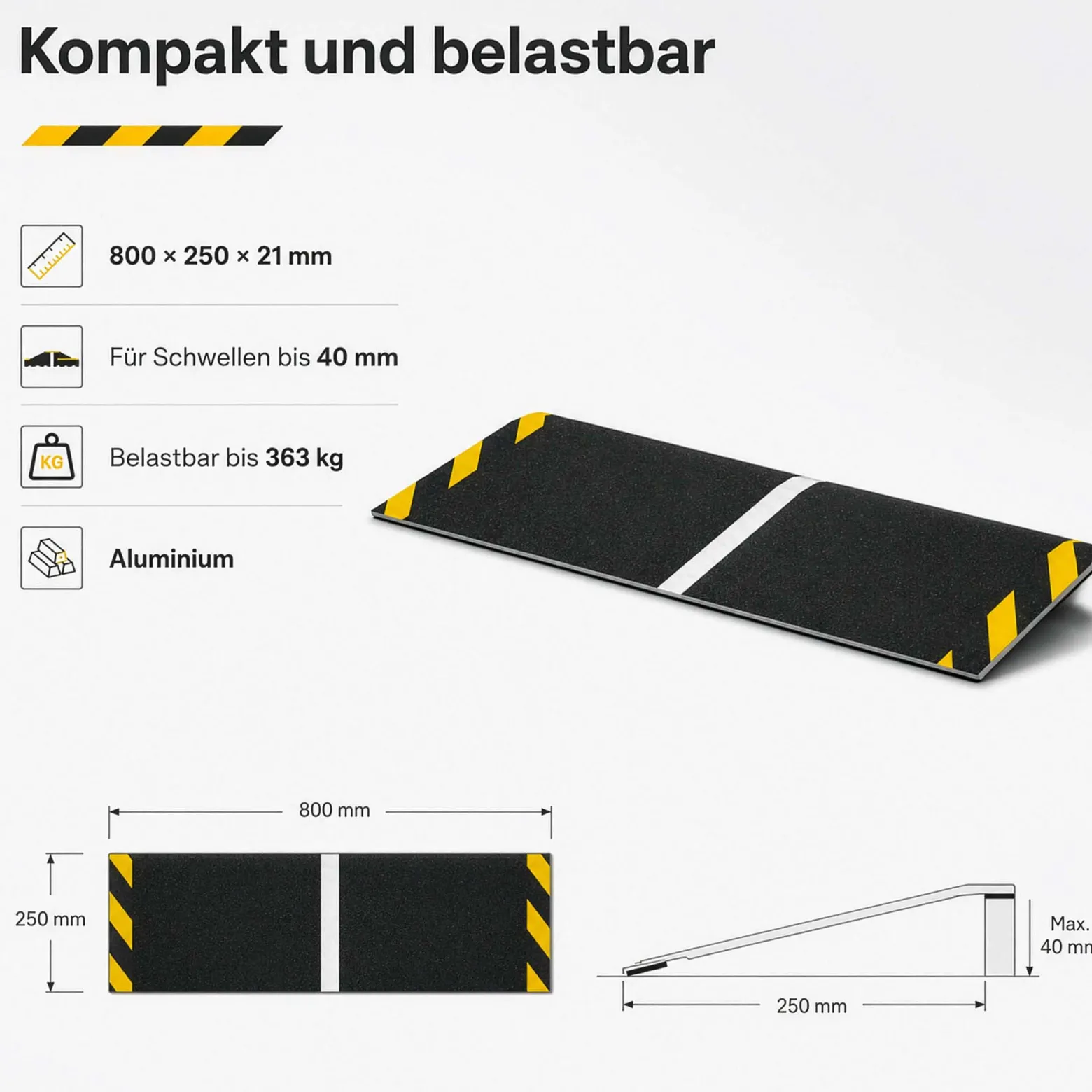 Wiltec Rollstuhlrampe Alu 800 x 250 x 21 mm, Türschwellenrampe bis 40 mm Stufenhöhe und 363 kg Traglast, rutschfeste Bordsteinrampe für Rollstuhl und Rollator