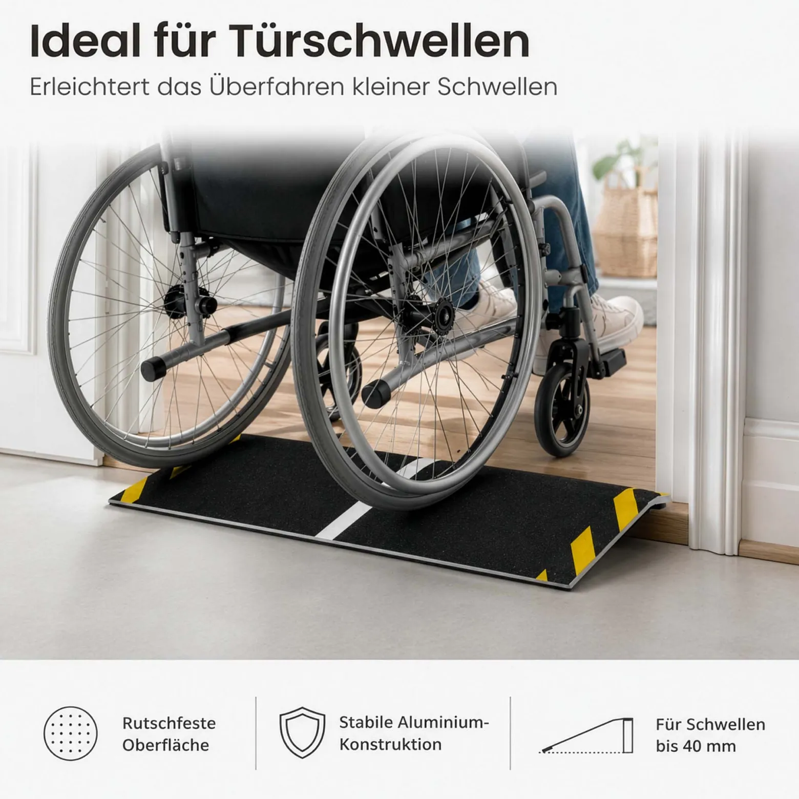 Wiltec Rollstuhlrampe Alu 800 x 250 x 21 mm, Türschwellenrampe bis 40 mm Stufenhöhe und 363 kg Traglast, rutschfeste Bordsteinrampe für Rollstuhl und Rollator