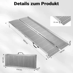 Wiltec Rollstuhlrampe doppelt faltbar 183cm 270kg, mobile Auffahrschiene als Rollirampe, Aluminium Kofferrampe