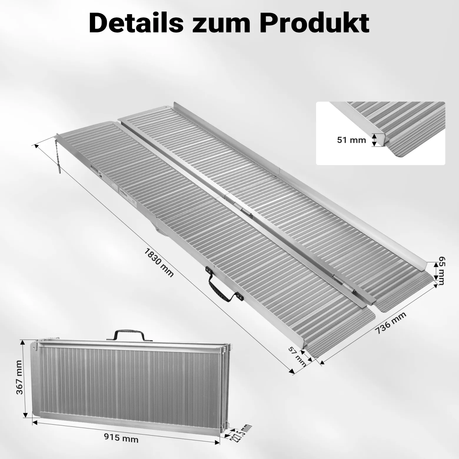 Wiltec Rollstuhlrampe doppelt faltbar 183cm 270kg, mobile Auffahrschiene als Rollirampe, Aluminium Kofferrampe
