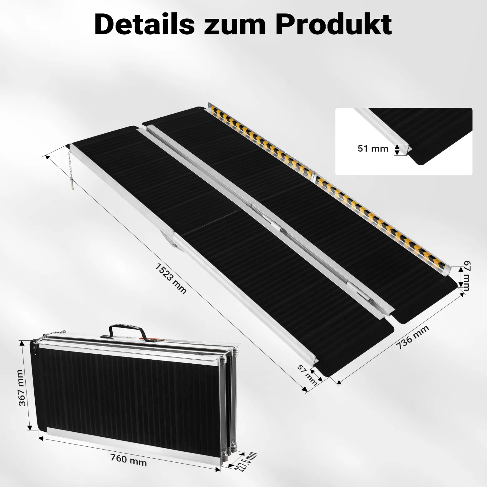 Wiltec Rollstuhlrampe doppelt faltbar 152cm 270kg, mobile Auffahrschiene mit rutschfester Oberfläche als Rollirampe, Aluminium Kofferrampe