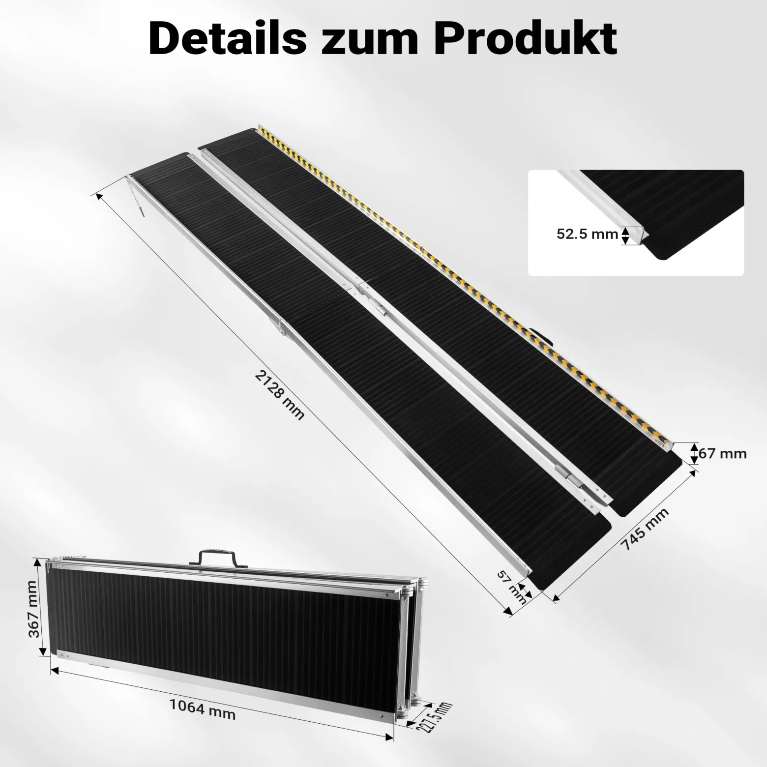 Wiltec Rollstuhlrampe doppelt faltbar 213cm 270kg, mobile Auffahrschiene mit rutschfester Oberfläche als Rollirampe, Aluminium Kofferrampe