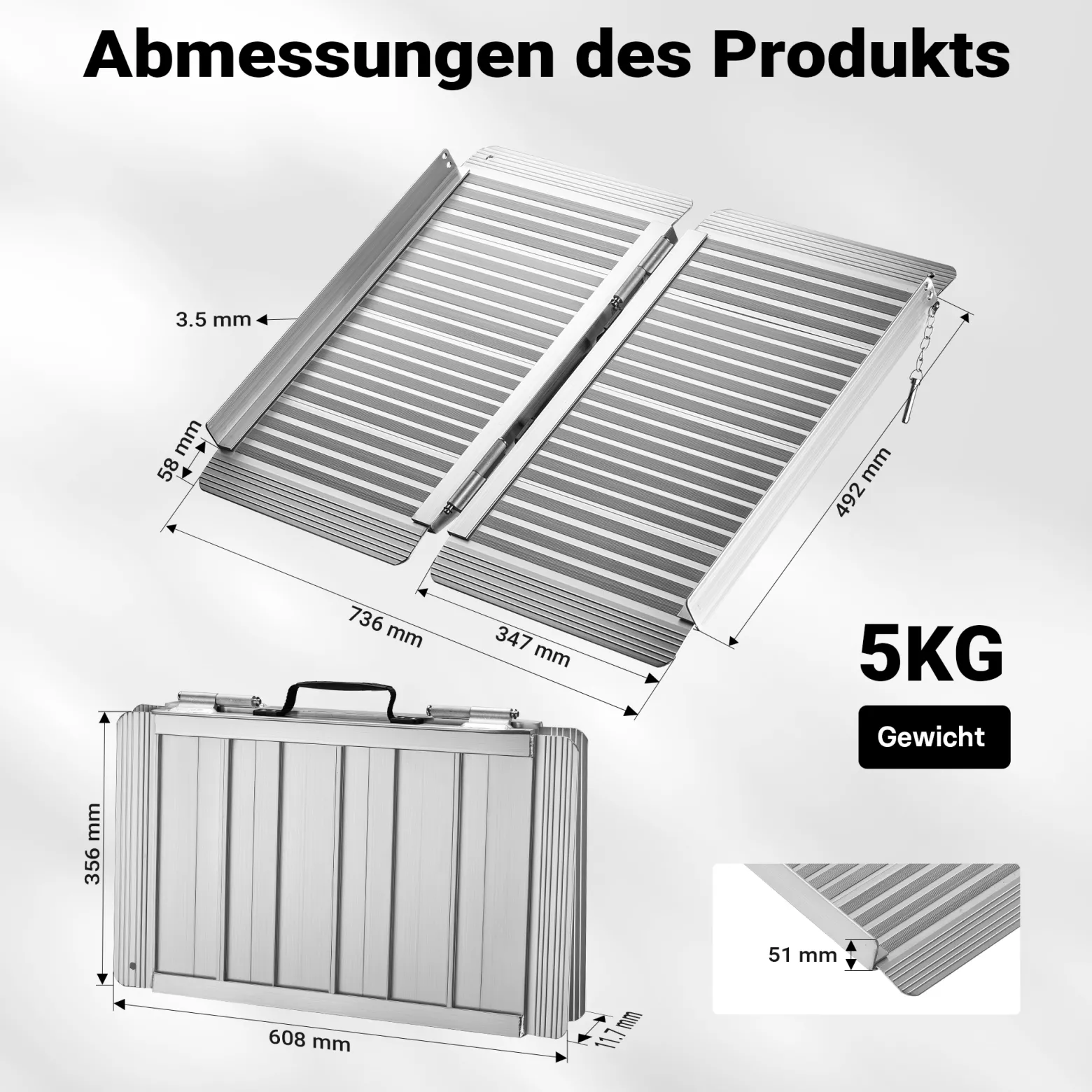 Wiltec Rollstuhlrampe faltbar 62 cm 270 kg, mobile Auffahrschiene als Rollirampe, Aluminium Kofferrampe, Flachrampe klappbar