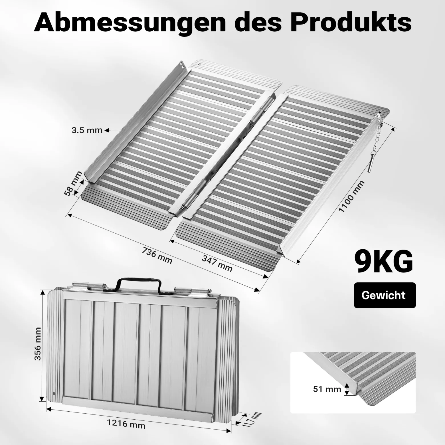 Wiltec Rollstuhlrampe faltbar 122 cm 270 kg, mobile Auffahrschiene als Rollirampe, Aluminium Kofferrampe, Flachrampe klappbar