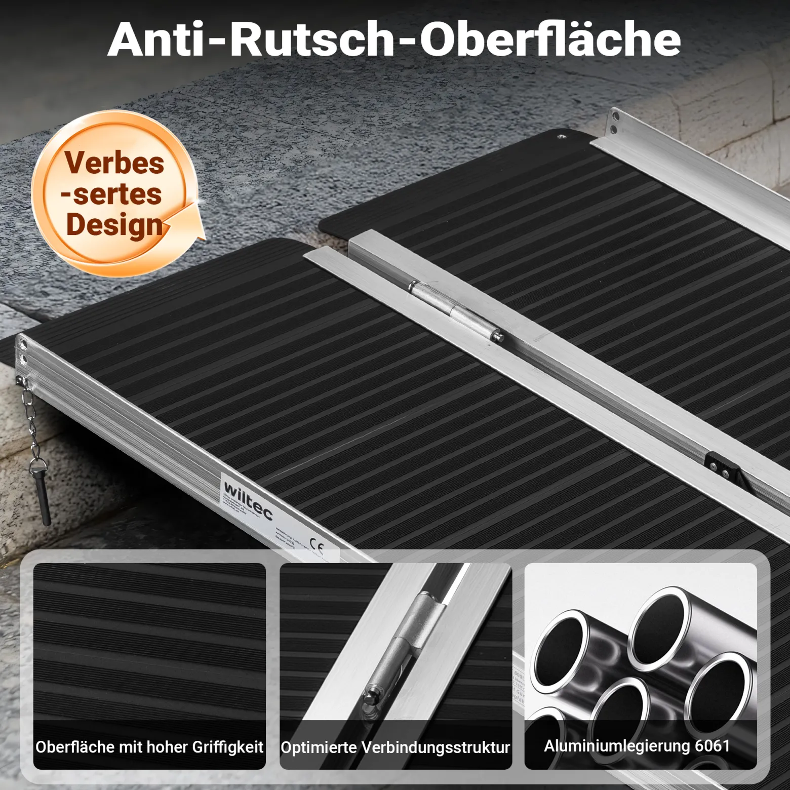 Wiltec Rollstuhlrampe faltbar 122 cm 270 kg, mobile Auffahrschiene als Rollirampe, Aluminium Kofferrampe mit rutschfester Oberfläche