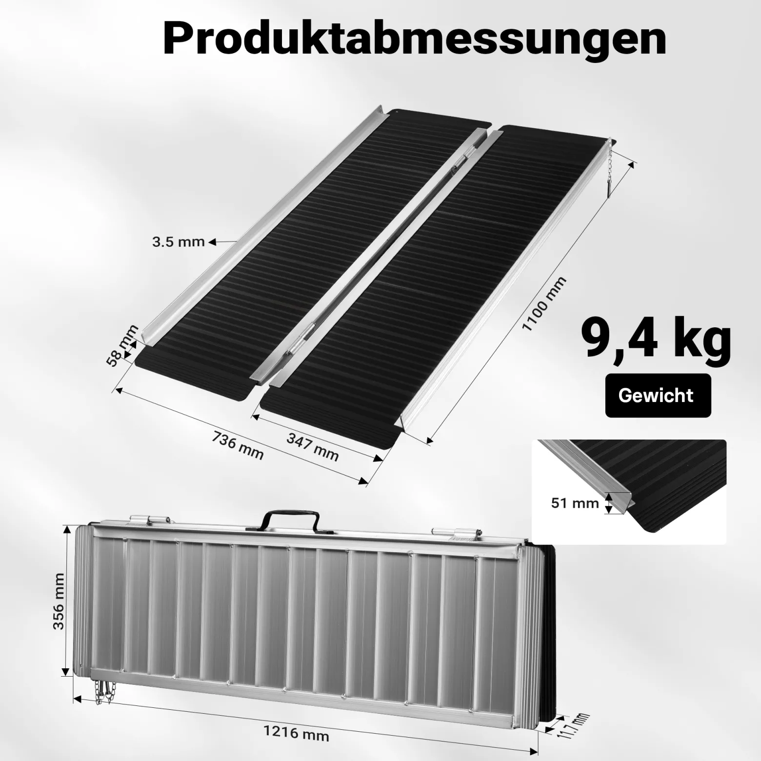 Wiltec Rollstuhlrampe faltbar 122 cm 270 kg, mobile Auffahrschiene als Rollirampe, Aluminium Kofferrampe mit rutschfester Oberfläche
