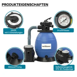 Wiltec Sandfilteranlage 370 W mit 26l Filtertank und selbstansaugender Pumpe 13200 l/h, Sandfilterpumpe, Pool-Pumpe