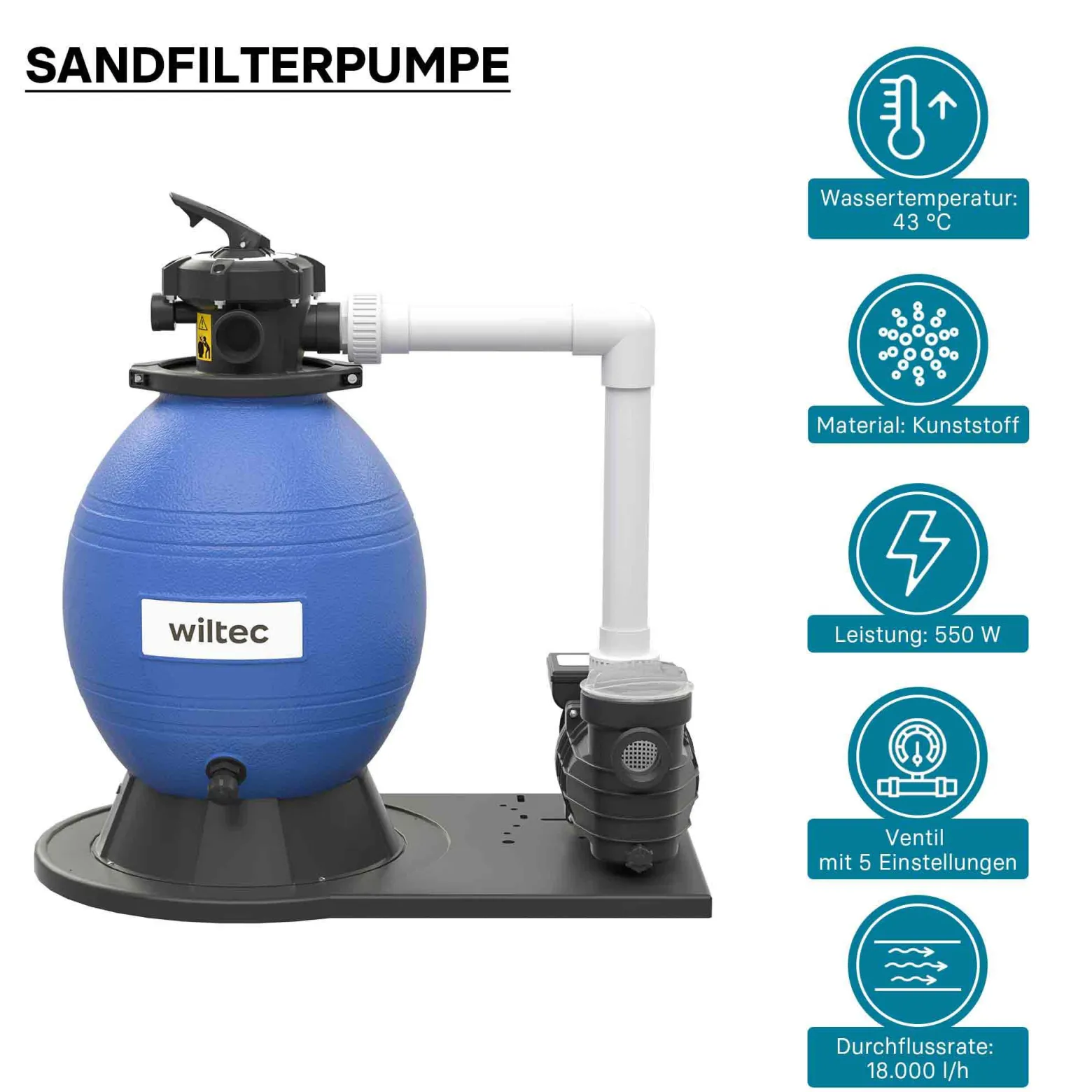 Wiltec Sandfilteranlage 550 W mit 38l Filtertank und selbstansaugender Pumpe 18000 l/h, Sandfilterpumpe, Pool-Pumpe