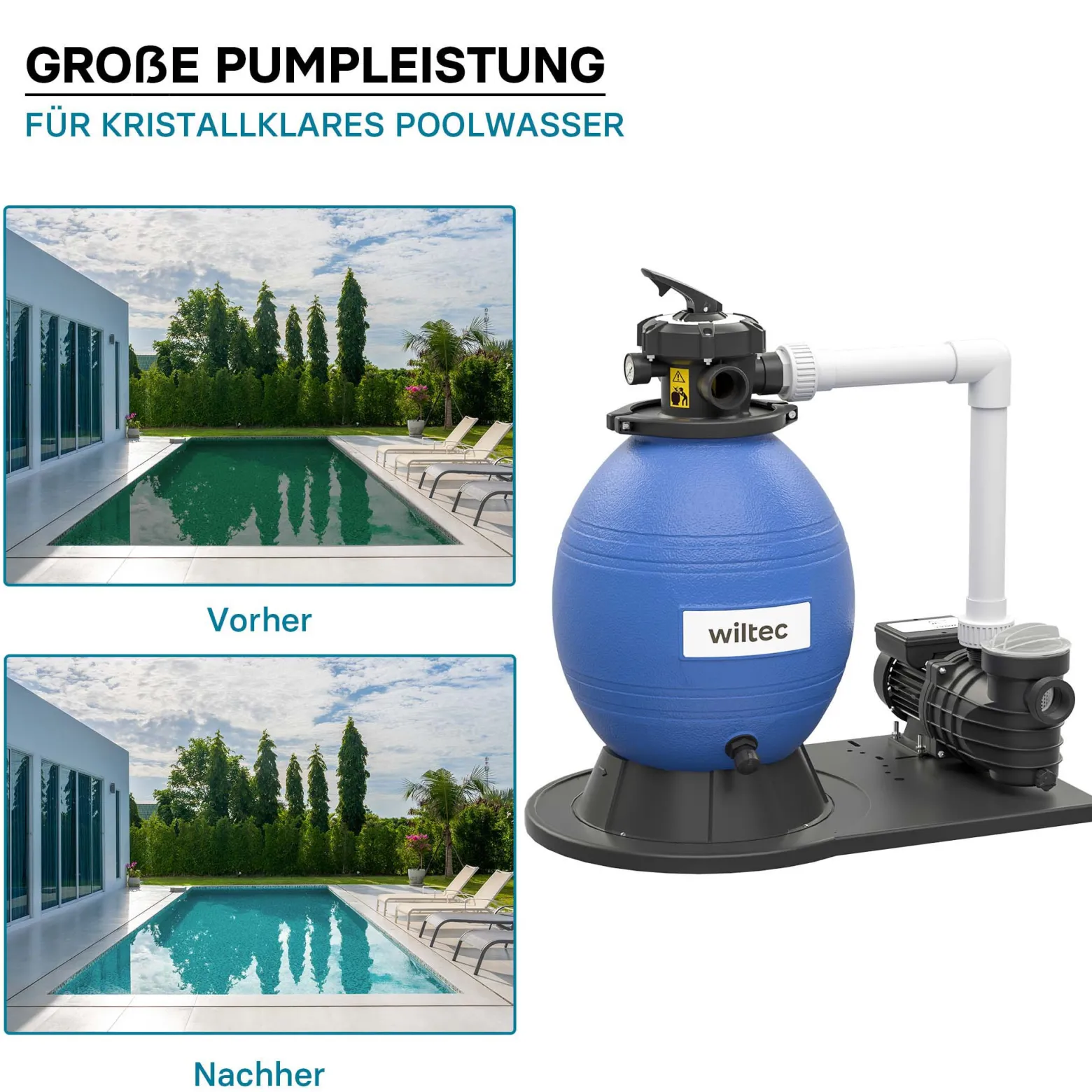 Wiltec Sandfilteranlage 550 W mit 38l Filtertank und selbstansaugender Pumpe 18000 l/h, Sandfilterpumpe, Pool-Pumpe