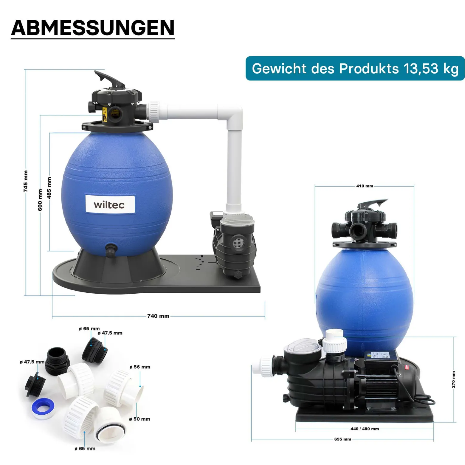 Wiltec Sandfilteranlage 550 W mit 38l Filtertank und selbstansaugender Pumpe 18000 l/h, Sandfilterpumpe, Pool-Pumpe