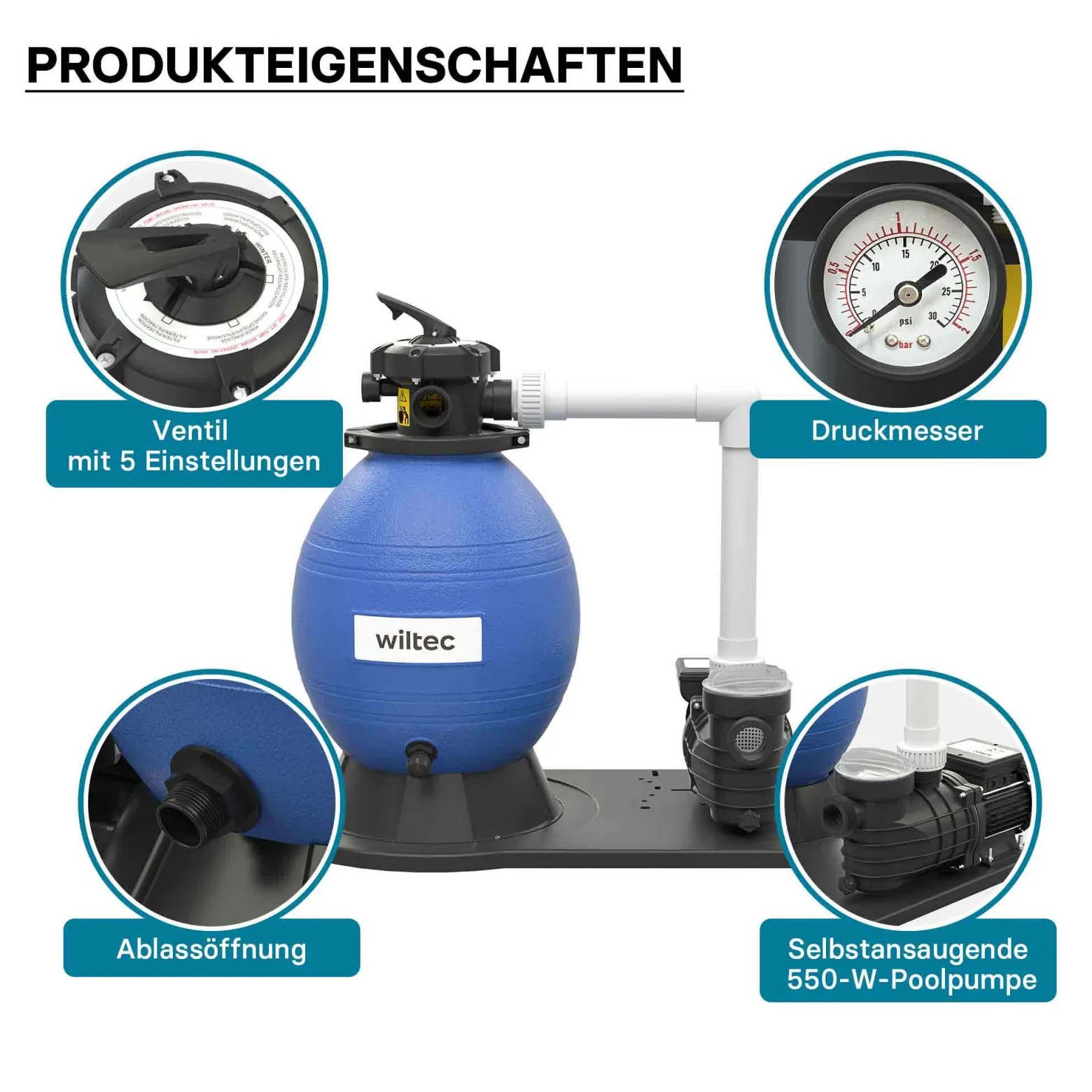 Wiltec Sandfilteranlage 550 W mit 38l Filtertank und selbstansaugender Pumpe 18000 l/h, Sandfilterpumpe, Pool-Pumpe