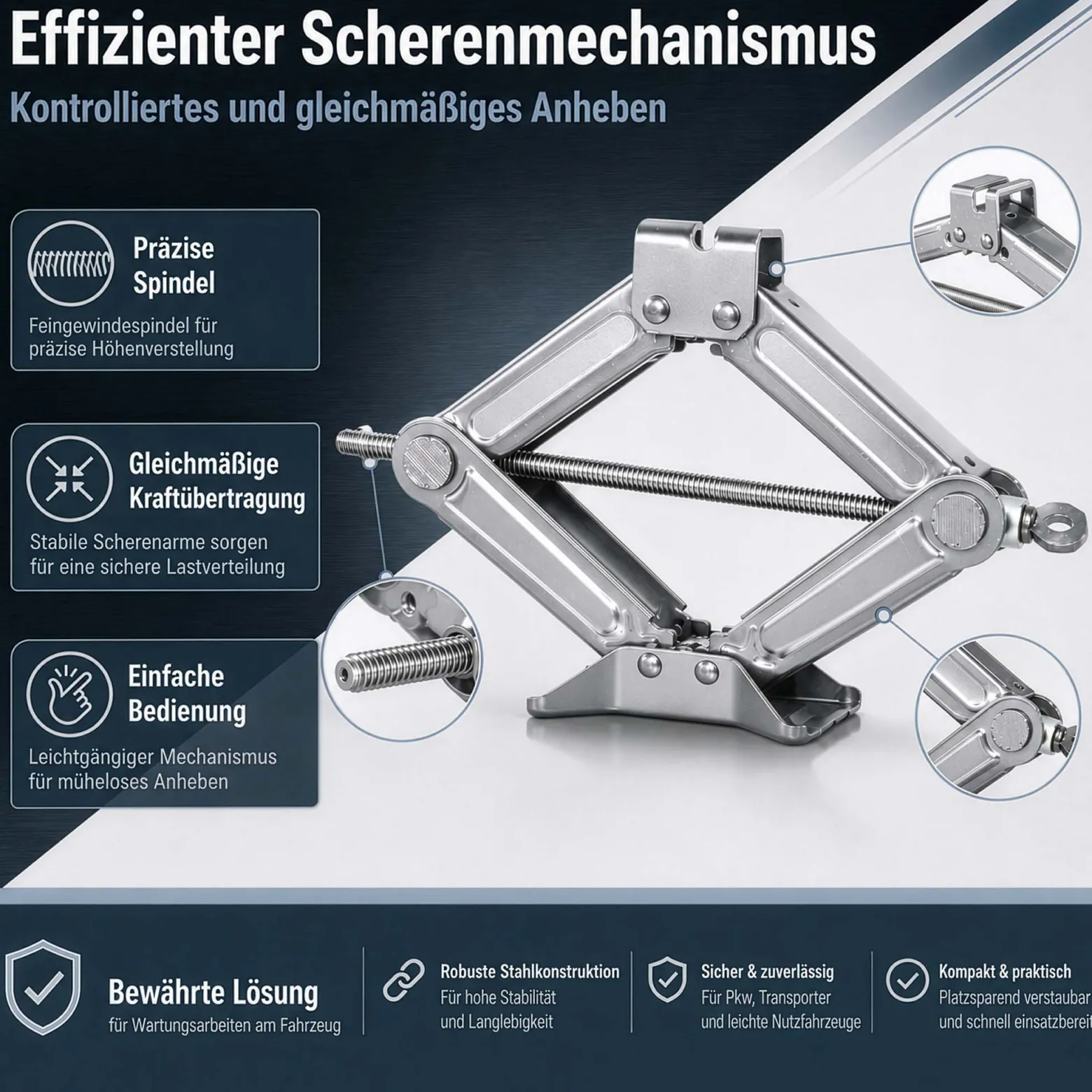 Wiltec Scherenwagenheber mit 1 t Traglast, Wagenheber aus Stahl mit Hubhöhe 90–315 mm für PKW und Offroad
