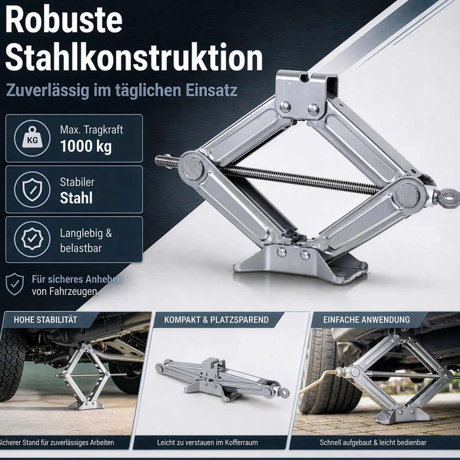 Wiltec Scherenwagenheber mit 1 t Traglast, Wagenheber aus Stahl mit Hubhöhe 90–315 mm für PKW und Offroad