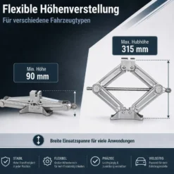 Wiltec Scherenwagenheber mit 1 t Traglast, Wagenheber aus Stahl mit Hubhöhe 90–315 mm für PKW und Offroad