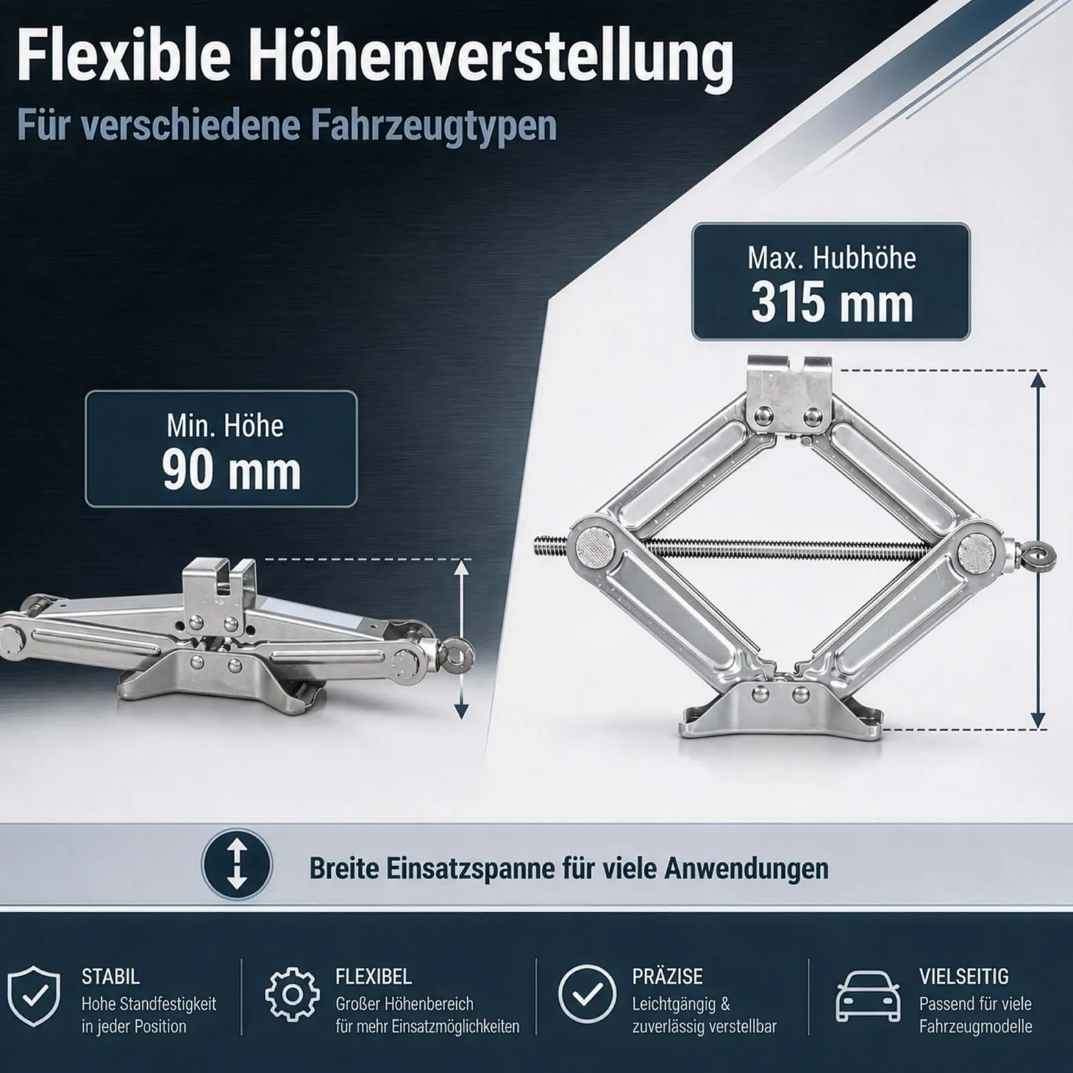 Wiltec Scherenwagenheber mit 1 t Traglast, Wagenheber aus Stahl mit Hubhöhe 90–315 mm für PKW und Offroad