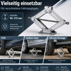 Wiltec Scherenwagenheber mit 1 t Traglast, Wagenheber aus Stahl mit Hubhöhe 90–315 mm für PKW und Offroad