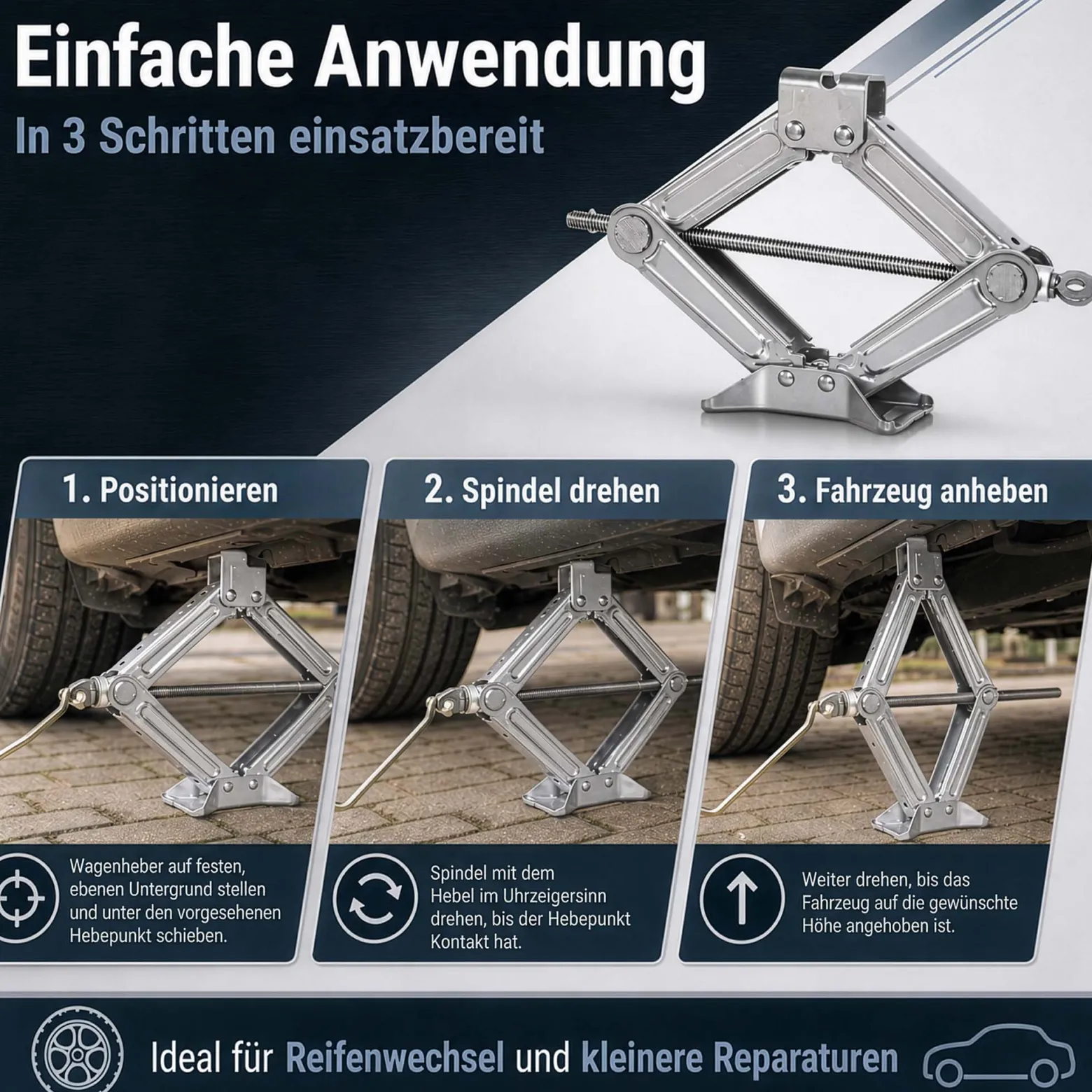 Wiltec Scherenwagenheber mit 1 t Traglast, Wagenheber aus Stahl mit Hubhöhe 90–315 mm für PKW und Offroad