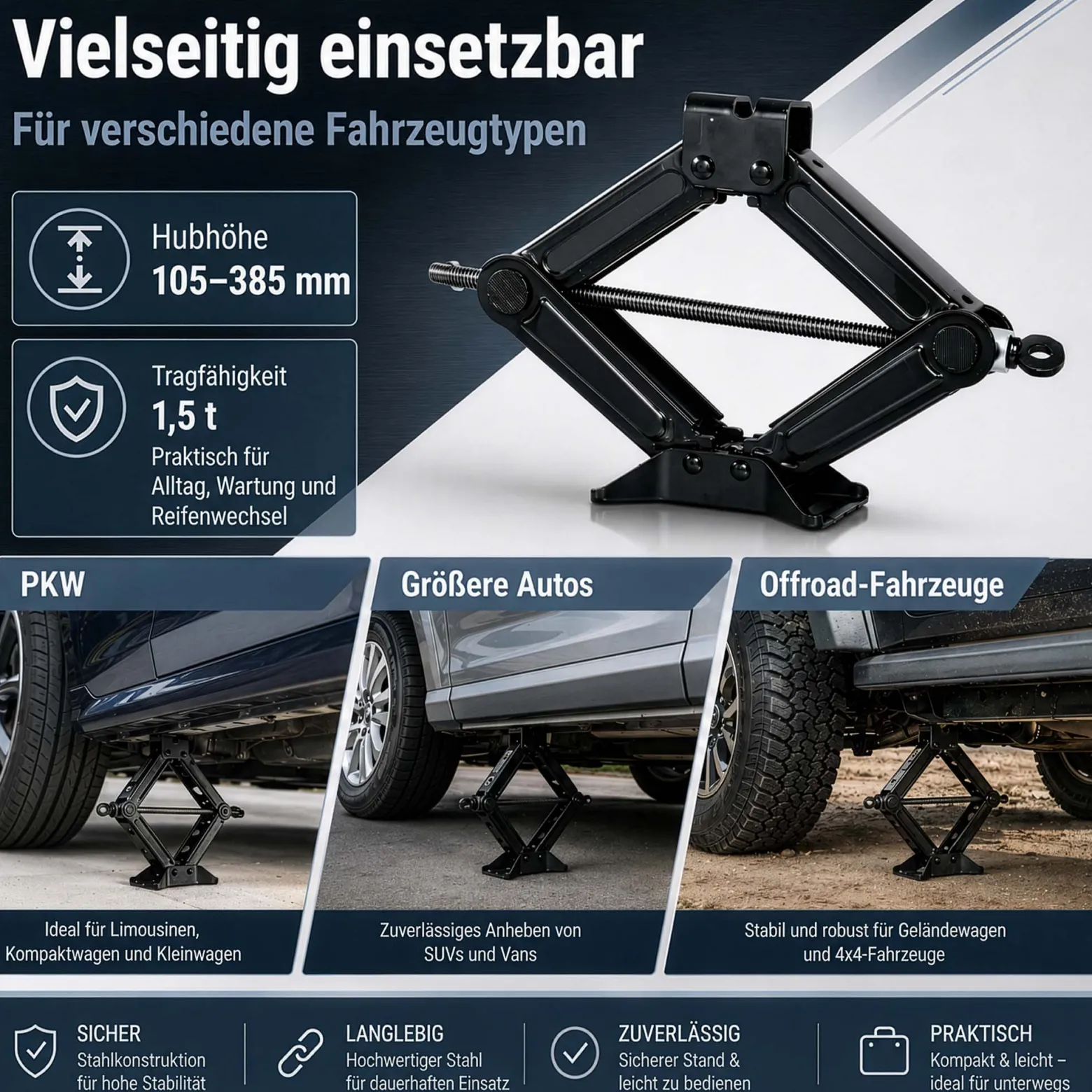 Wiltec Scherenwagenheber mit 1,5 t Traglast, Wagenheber aus Stahl mit Hubhöhe 105–385 mm für PKW und Offroad