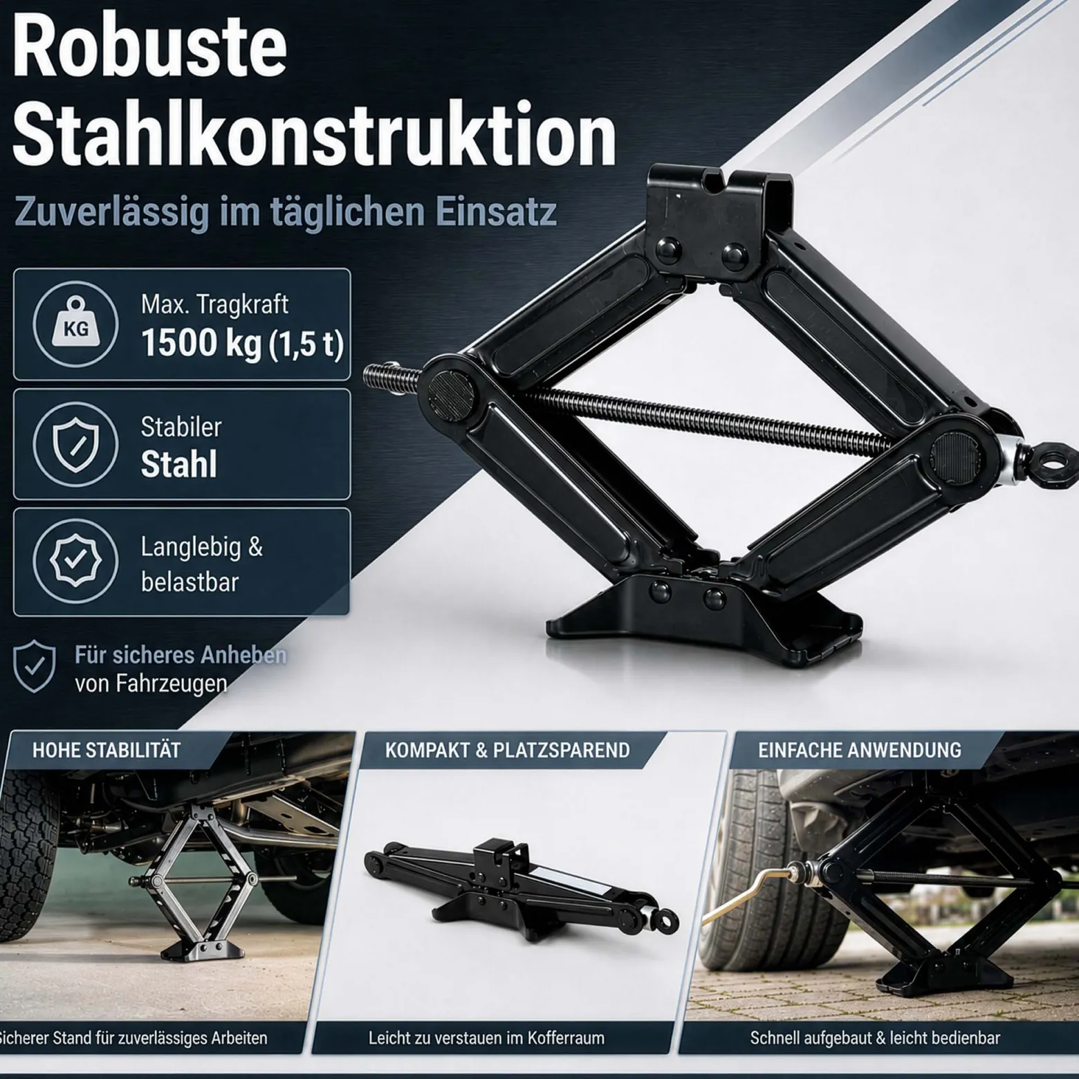Wiltec Scherenwagenheber mit 1,5 t Traglast, Wagenheber aus Stahl mit Hubhöhe 105–385 mm für PKW und Offroad