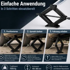 Wiltec Scherenwagenheber mit 1,5 t Traglast, Wagenheber aus Stahl mit Hubhöhe 105–385 mm für PKW und Offroad