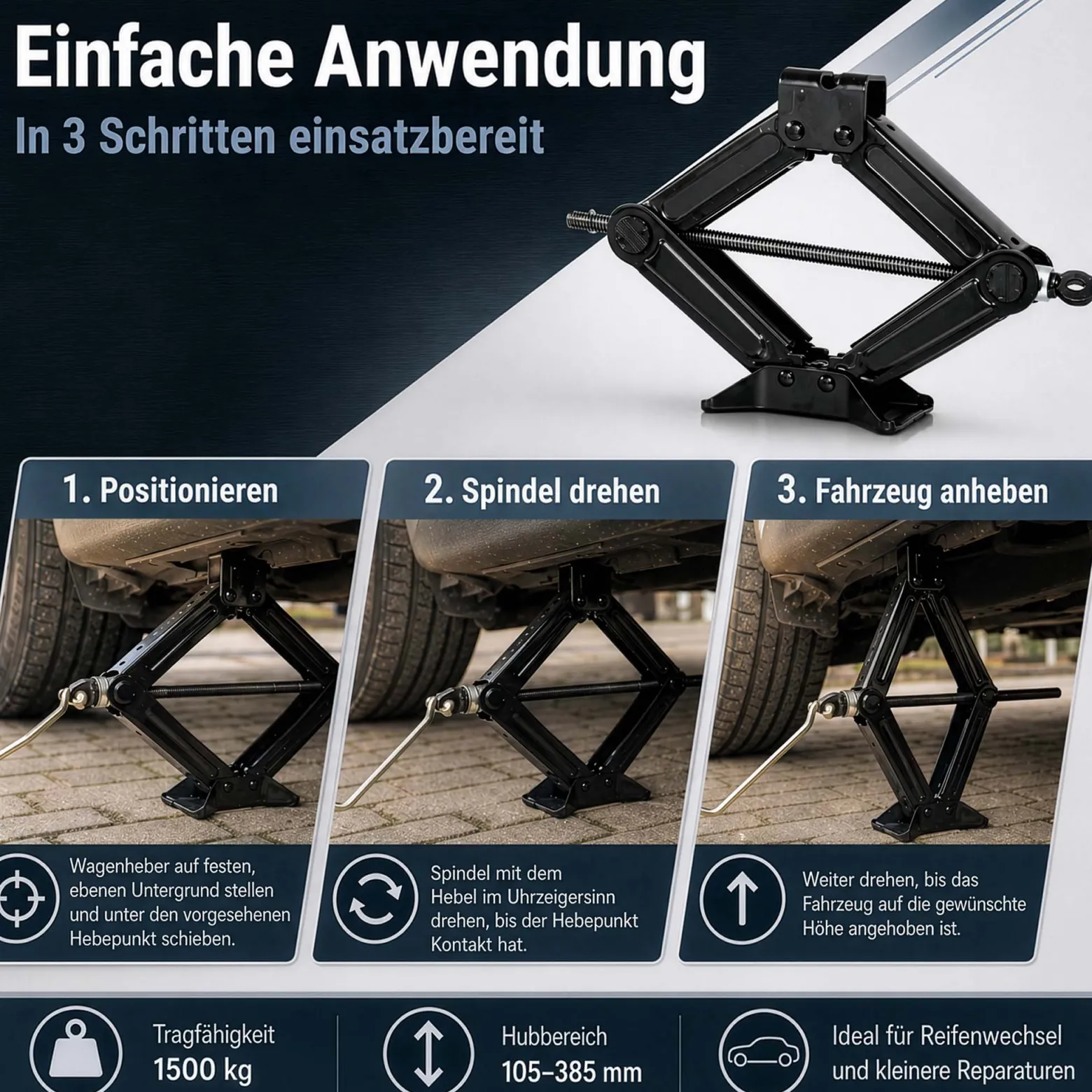 Wiltec Scherenwagenheber mit 1,5 t Traglast, Wagenheber aus Stahl mit Hubhöhe 105–385 mm für PKW und Offroad
