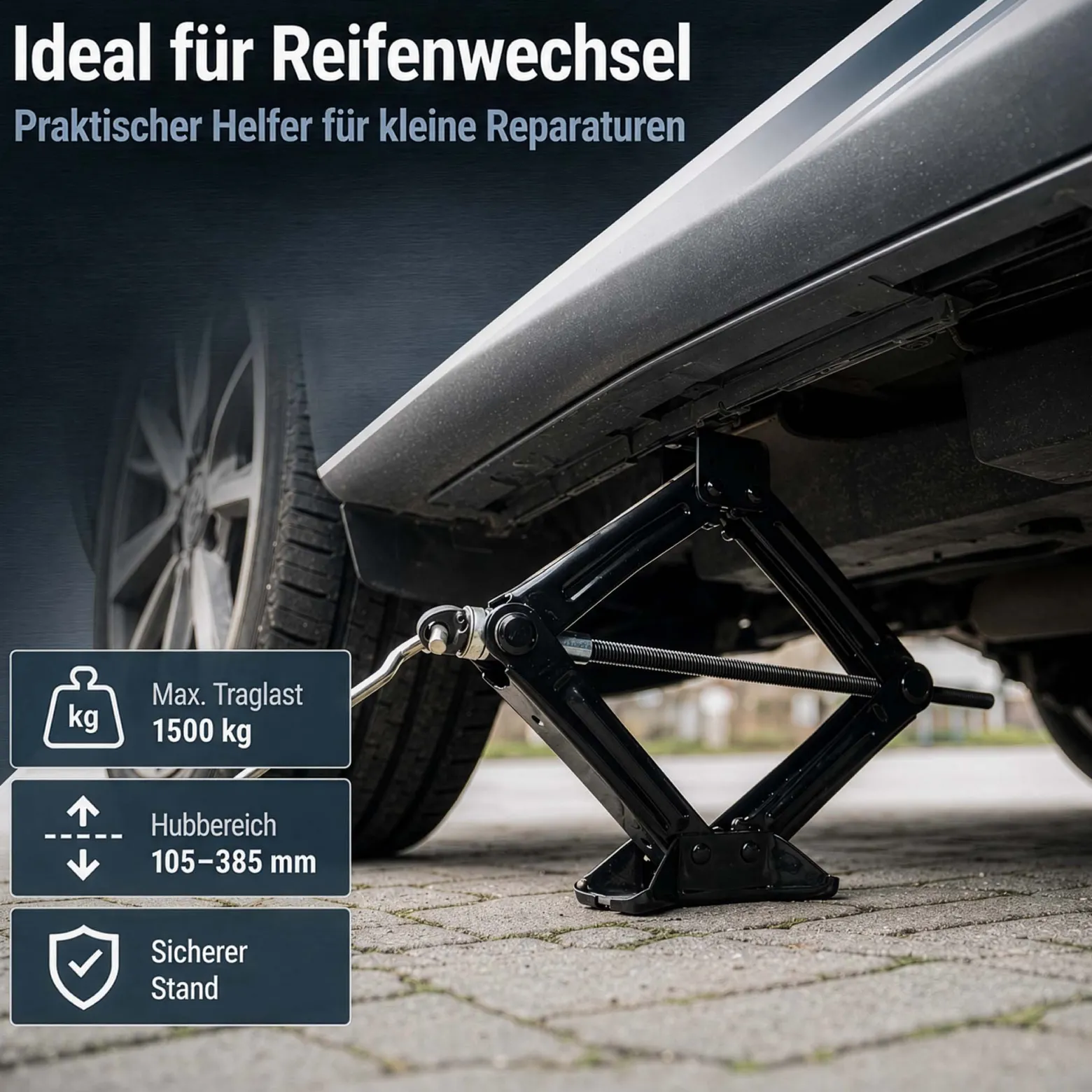 Wiltec Scherenwagenheber mit 1,5 t Traglast, Wagenheber aus Stahl mit Hubhöhe 105–385 mm für PKW und Offroad