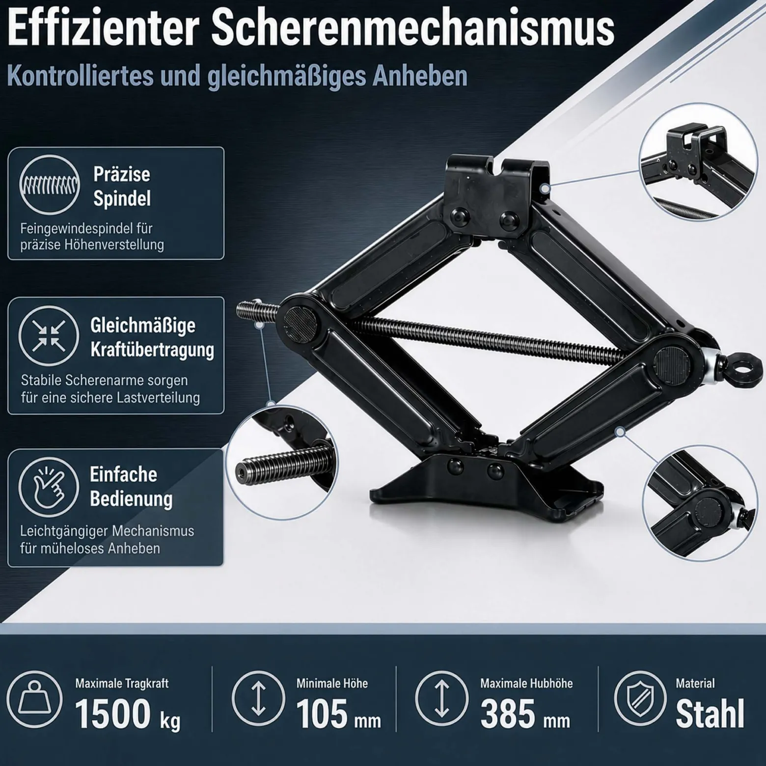 Wiltec Scherenwagenheber mit 1,5 t Traglast, Wagenheber aus Stahl mit Hubhöhe 105–385 mm für PKW und Offroad