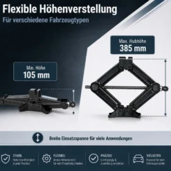 Wiltec Scherenwagenheber mit 1,5 t Traglast, Wagenheber aus Stahl mit Hubhöhe 105–385 mm für PKW und Offroad