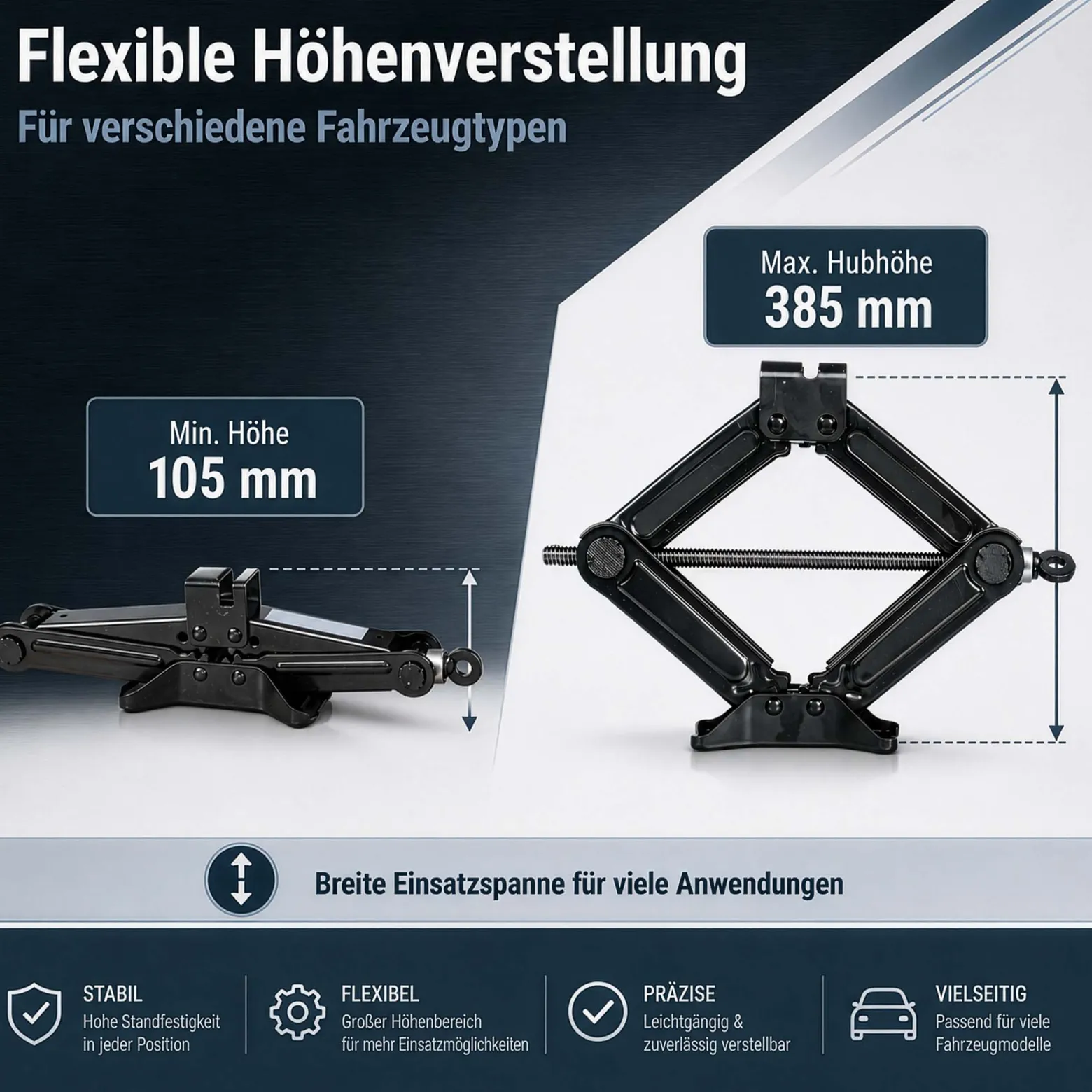 Wiltec Scherenwagenheber mit 1,5 t Traglast, Wagenheber aus Stahl mit Hubhöhe 105–385 mm für PKW und Offroad