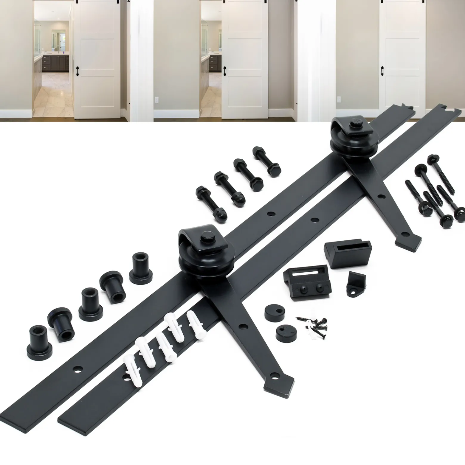 Wiltec Schiebetürsystem 183 cm lang, bis 90 kg, 35-40 mm, Schiebetürbeschlag aus Eisen als Raumteiler, Schranktür, für Nischen und Durchgänge, schwarz