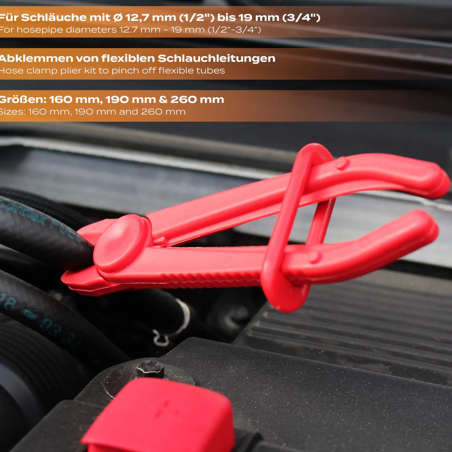 Wiltec Schlauchklemmenzange Set 6 teilig in 3 Größen für Schläuche, Klemmgrößen 160 mm, 190 mm, 260 mm, Durchmesser 12 mm (1/2")-19 mm (3/4"), Klemmzangen