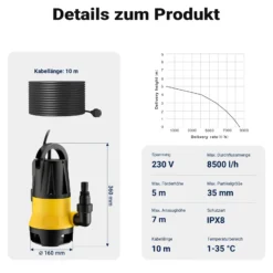 Wiltec Schmutzwasserpumpe mit Sensor 400 W, Tauchpumpe Schmutzwasser mit 2 Modi, Wasserpumpe 8500 l/h, Brunnenpumpe 5 m Förderhöhe & 5 m Tiefe