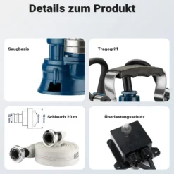 Wiltec Schmutzwasserpumpe 1500W 36000l/h mit Schwimmerschalter max. Förderhöhe 10m mit 20m Schlauch