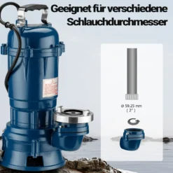 Wiltec Schmutzwasserpumpe 1100 W Tauchpumpe mit 30.000 l/h Fördermenge inkl. 20 m Schlauch Pumpe