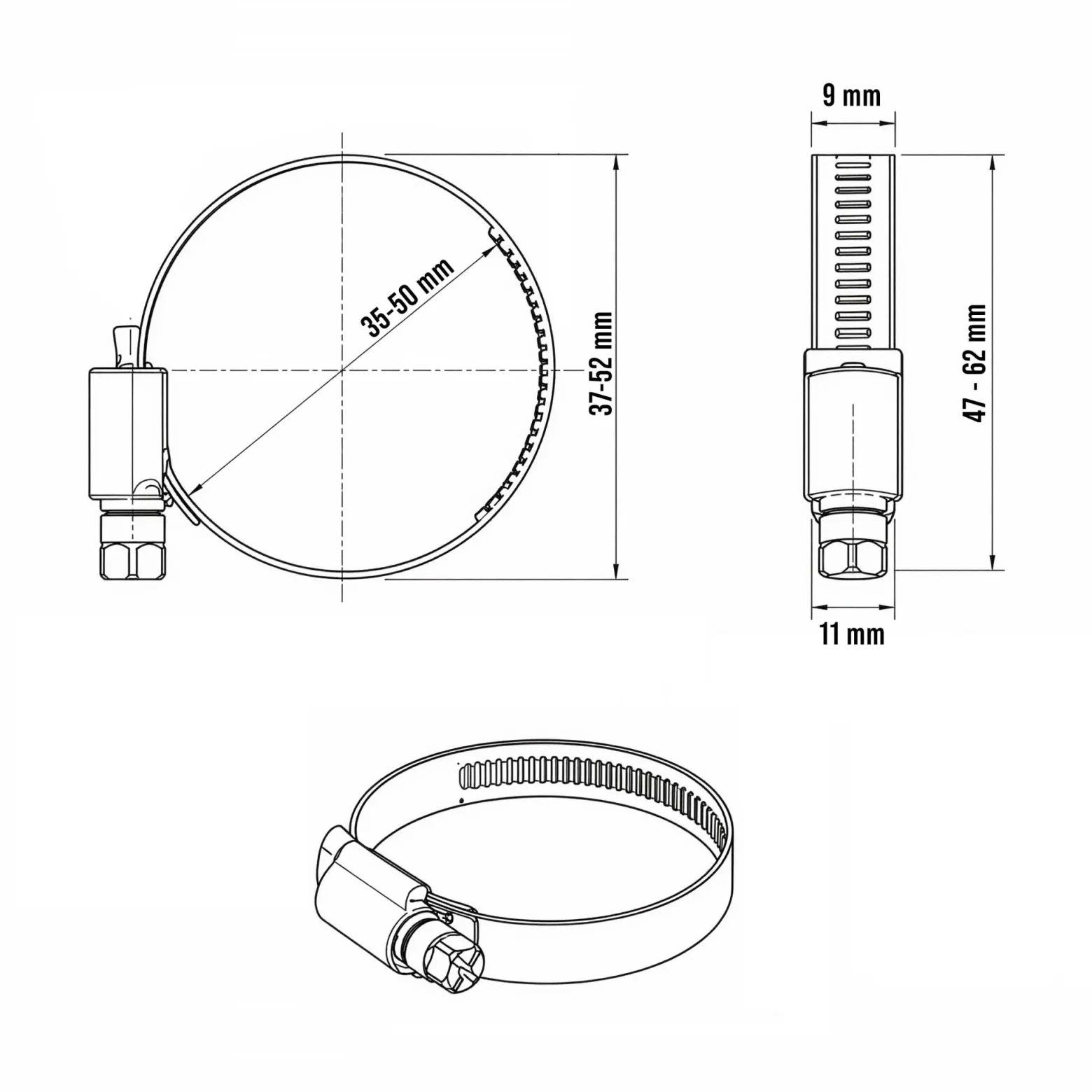 Wiltec Schneckengewindeschelle W4 9mm Bandbreite 35-50mm Spannbereich rostfreier Edelstahl flexible Schlauchschelle