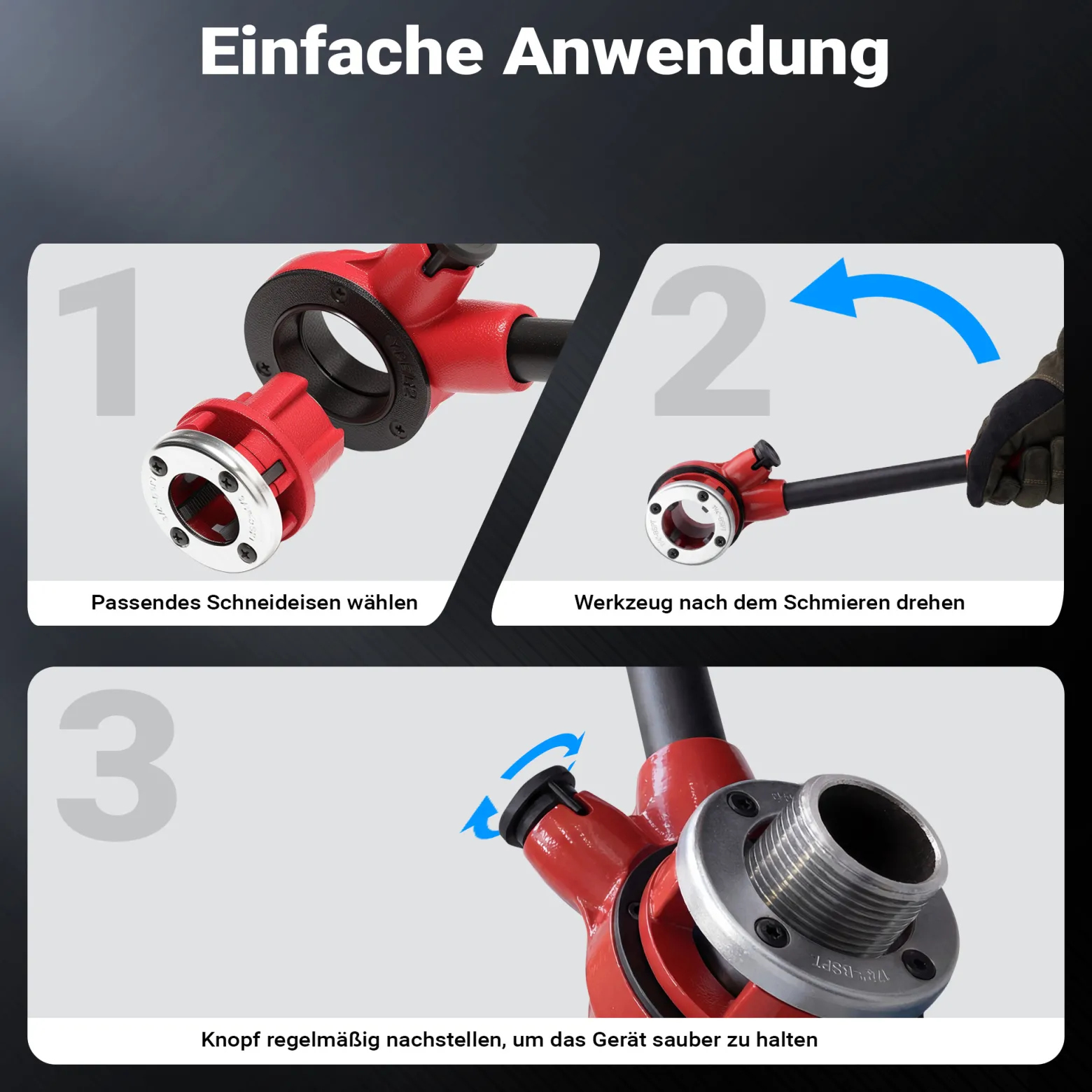 Wiltec Schneidkluppe 9-tlg. Set aus Stahl, Gewindeschneider mit 6 Schneidköpfen, Schneideisen mit Ratschenverlängerung, Rohrschneider mit Koffer