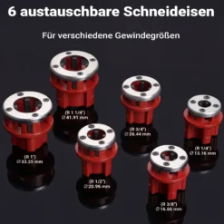 Wiltec Schneidkluppe 9-tlg. Set aus Stahl, Gewindeschneider mit 6 Schneidköpfen, Schneideisen mit Ratschenverlängerung, Rohrschneider mit Koffer