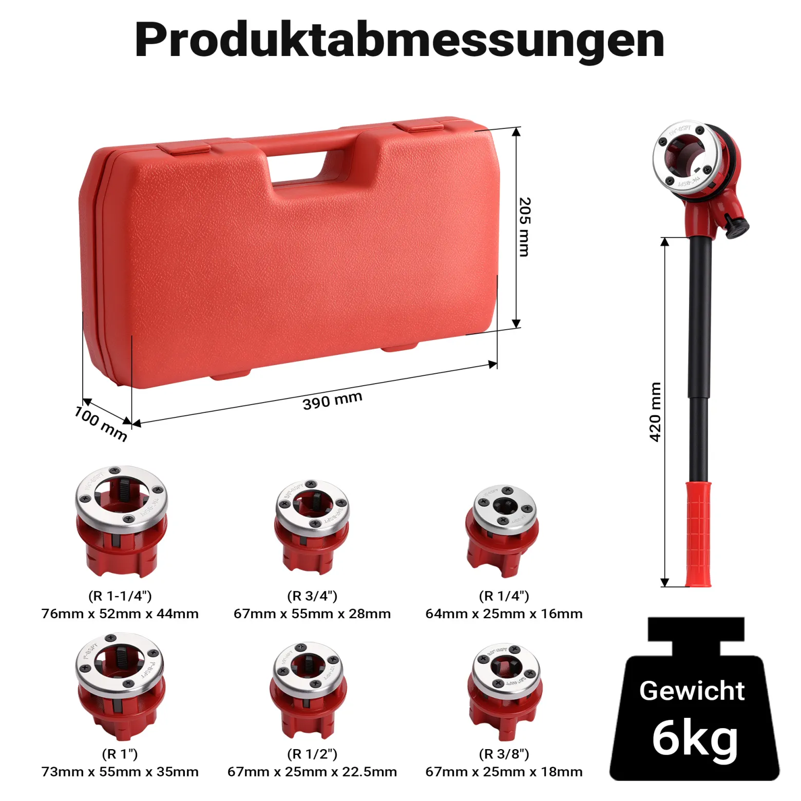 Wiltec Schneidkluppe 9-tlg. Set aus Stahl, Gewindeschneider mit 6 Schneidköpfen, Schneideisen mit Ratschenverlängerung, Rohrschneider mit Koffer