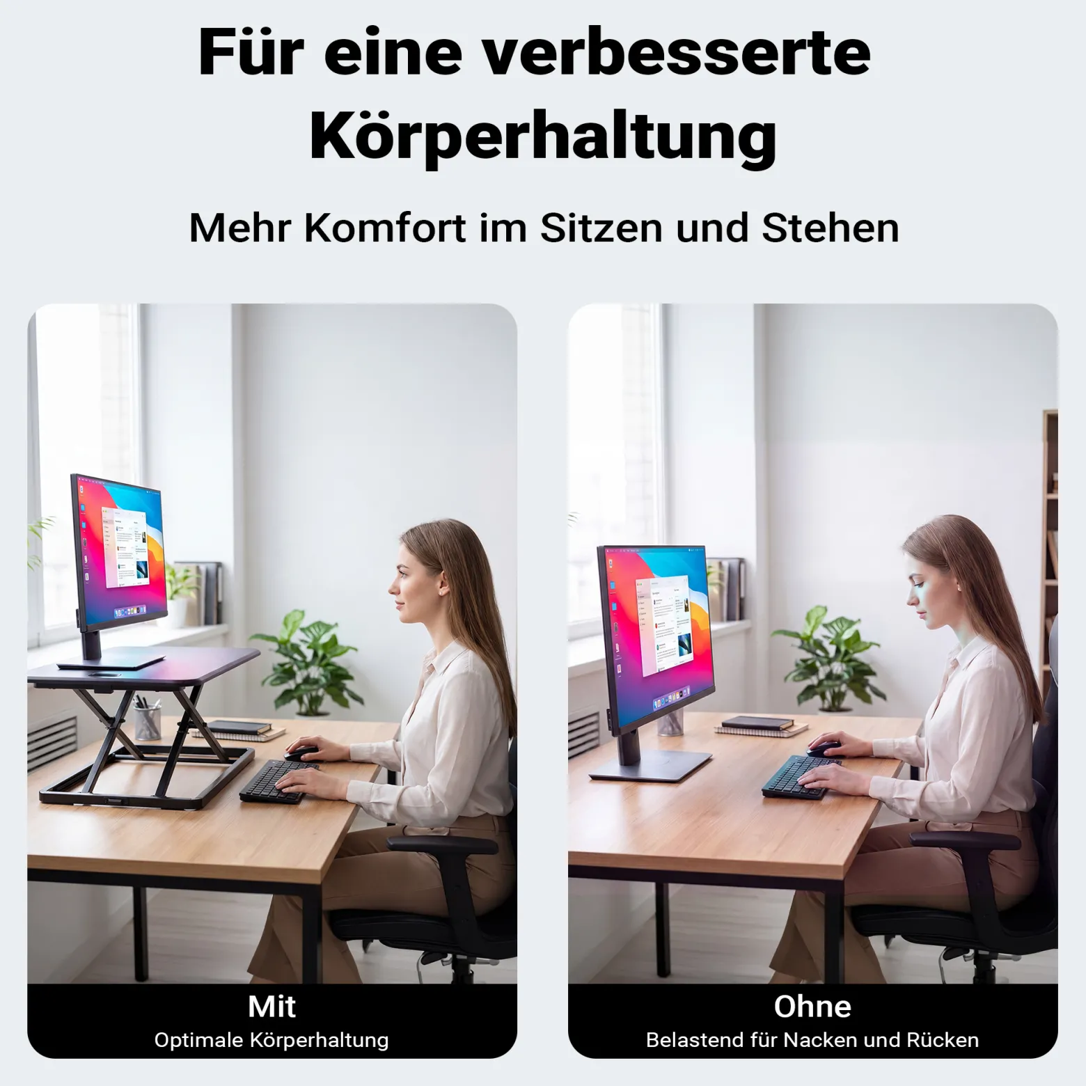 Wiltec Schreibtischaufsatz 67x47cm höhenverstellbarer Steh-Sitz Schreibtisch für Laptop und Monitor